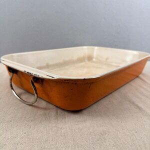 Vintage Le Creuset Flame Orange 15x10 Roasting Pan Folding Handles HTF France